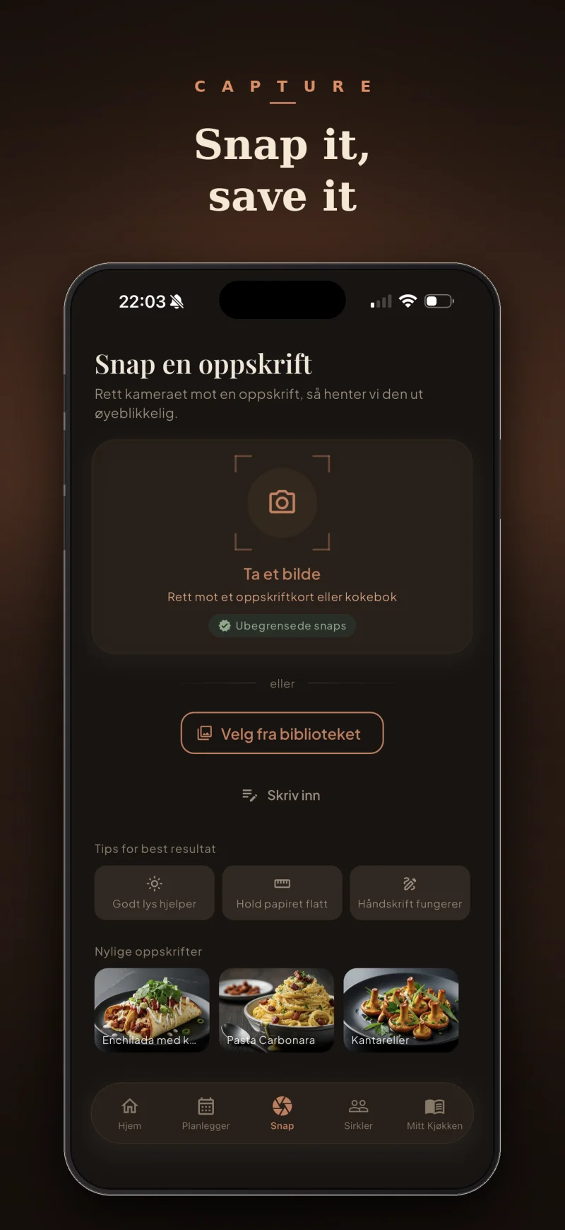 Knips — knips det, lagre det. AI-oppskriftsuthenting fra ethvert bilde.