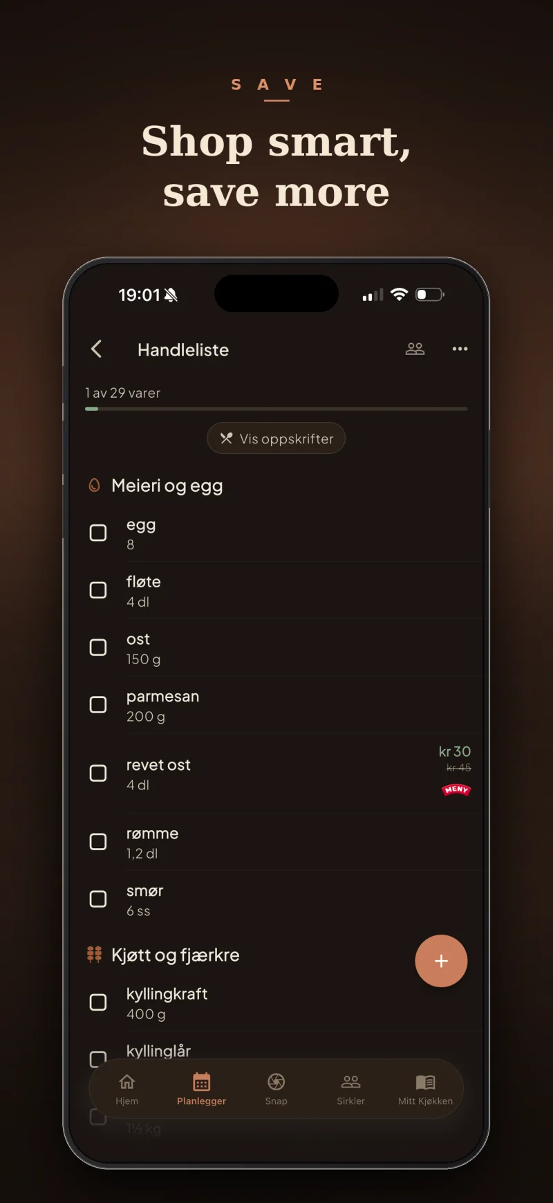 Handle smart, spar mer — SnapCook handleliste med ukens tilbud.