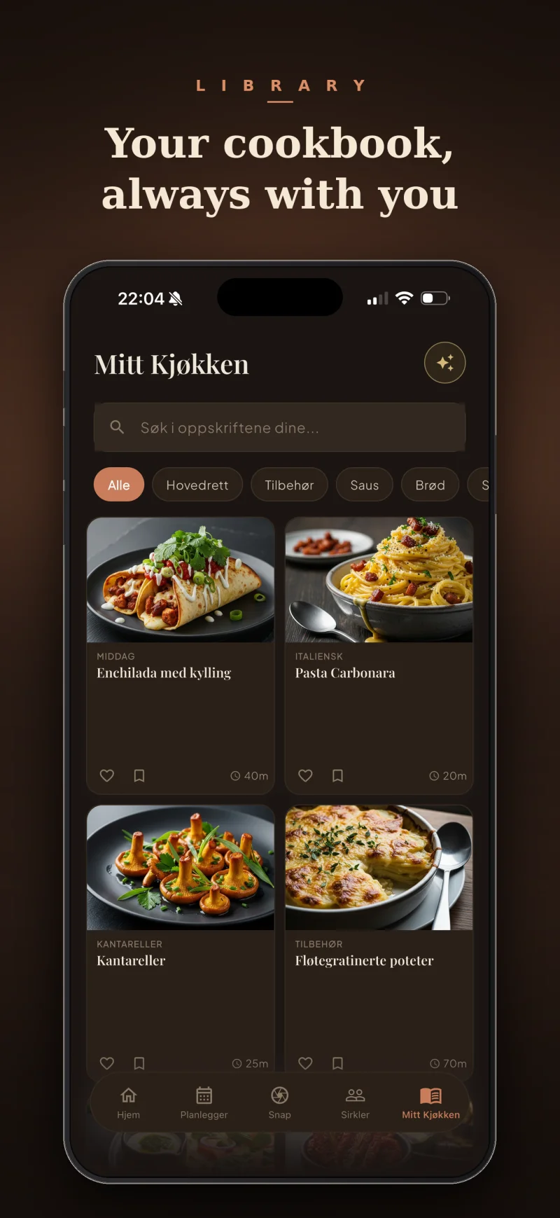 SnapCook — din kokebok, alltid med deg. Personlig oppskriftsbibliotek.