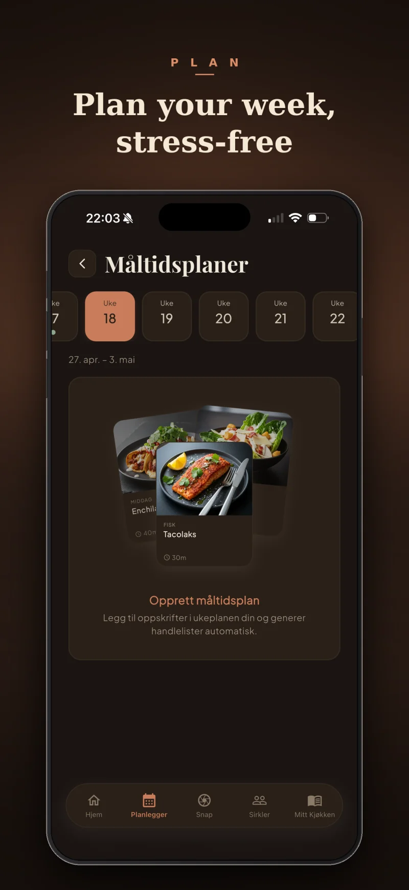 Planlegg — planlegg uken stressfritt. Visuell ukentlig måltidsplanlegger.